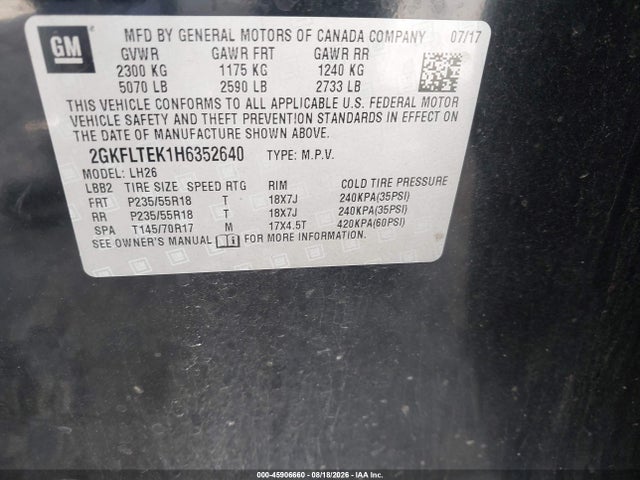 Aukcja sprzedaży 2017 Gmc Terrain Sle-2, vin: 2GKFLTEK1H6352640, numer aukcji: 45906660
