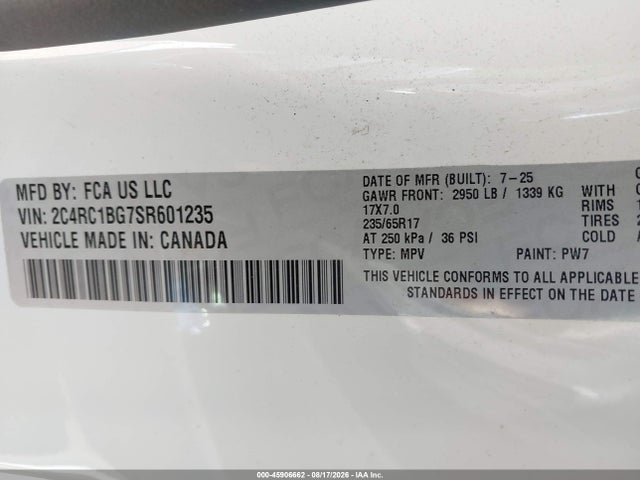 Продажа на аукционе авто 2025 Chrysler Pacifica Select, vin: 2C4RC1BG7SR601235, номер лота: 45906662