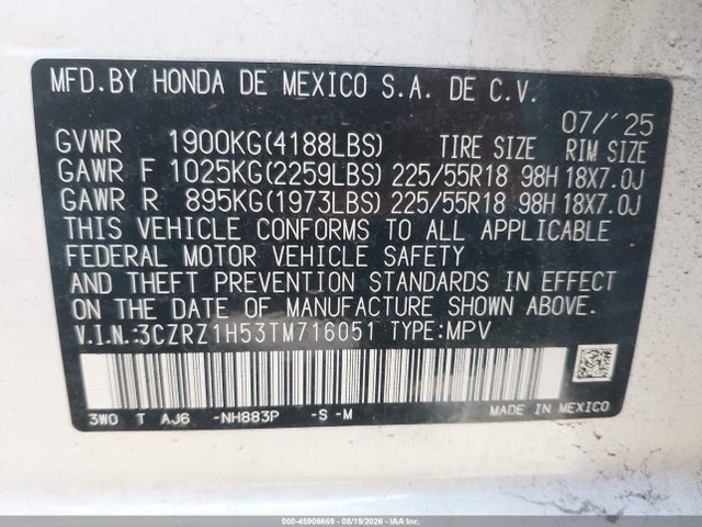2026 Honda Hr-v 2wd Sport მანქანა იყიდება აუქციონზე, vin: 3CZRZ1H53TM716051, აუქციონის ნომერი: 45906669