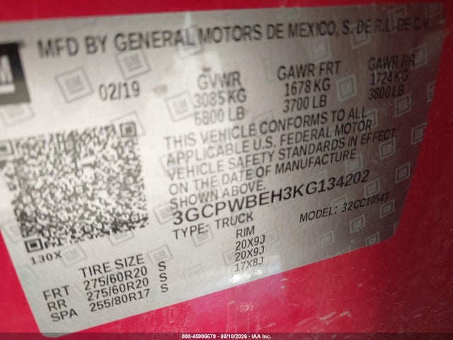 45906679 :رقم المزاد ، 3GCPWBEH3KG134202 vin ، 2019 Chevrolet Silverado 1500 Custom مزاد بيع