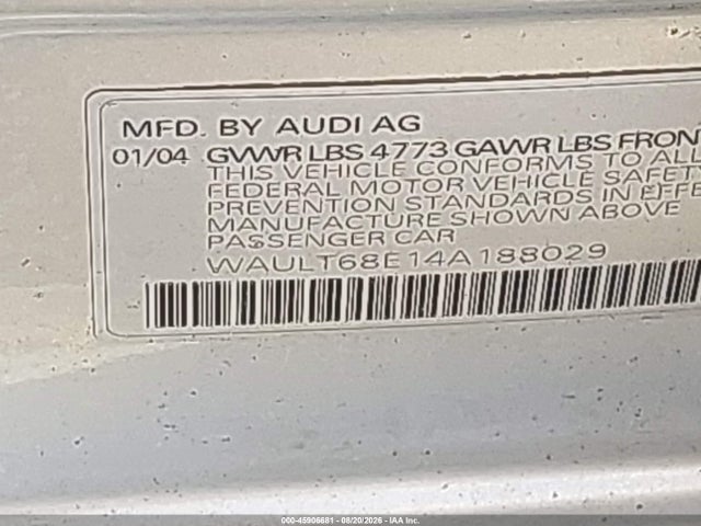 45906681 :رقم المزاد ، WAULT68E14A188029 vin ، 2004 Audi A4 3.0 مزاد بيع
