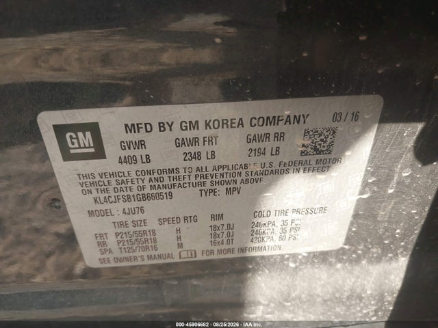 2016 Buick Encore Convenience მანქანა იყიდება აუქციონზე, vin: KL4CJFSB1GB660519, აუქციონის ნომერი: 45906682