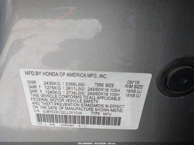 Продаж на аукціоні авто 2020 Acura Mdx Standard, vin: 5J8YD3H32LL001534, номер лоту: 45906694