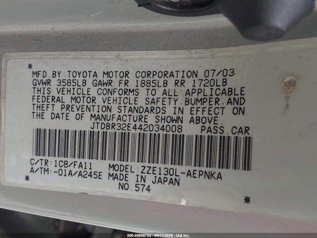 Продажа на аукционе авто 2004 Toyota Corolla Le, vin: JTDBR32E442034008, номер лота: 45906704