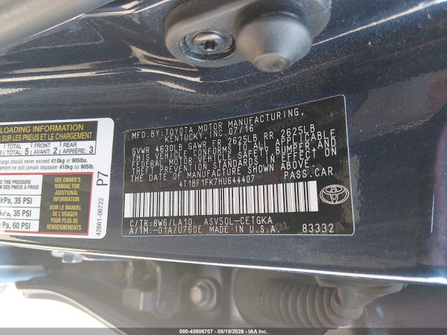 45906707 :رقم المزاد ، 4T1BF1FK7HU644407 vin ، 2017 Toyota Camry Xle مزاد بيع