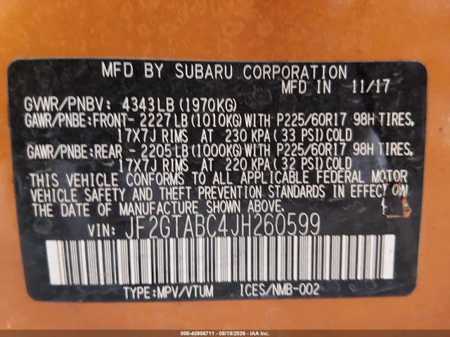 2018 Subaru Crosstrek 2.0i Premium მანქანა იყიდება აუქციონზე, vin: JF2GTABC4JH260599, აუქციონის ნომერი: 45906711