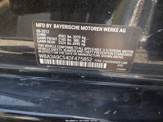 Aukcja sprzedaży 2013 Bmw 335i, vin: WBA3A9C54DF475852, numer aukcji: 45906714
