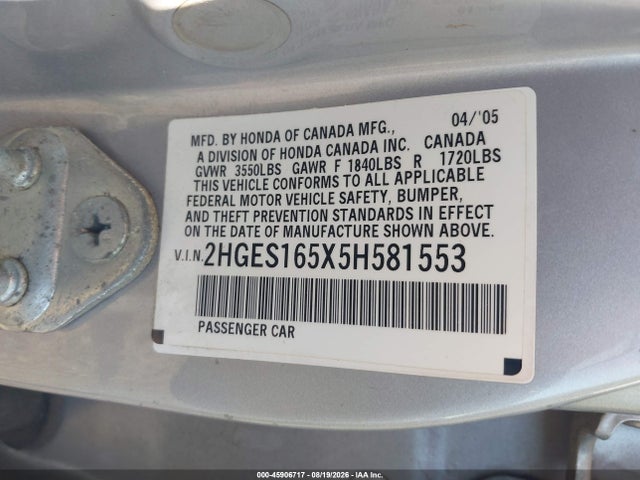 Продаж на аукціоні авто 2005 Honda Civic Lx, vin: 2HGES165X5H581553, номер лоту: 45906717
