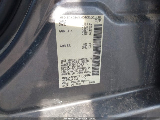 45906721 :رقم المزاد ، 1N4BL4BV9KC170686 vin ، 2019 Nissan Altima 2.5 S مزاد بيع