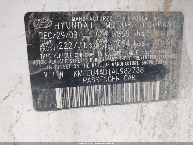 Aukcja sprzedaży 2010 Hyundai Elantra Gls, vin: KMHDU4AD1AU982738, numer aukcji: 45906739