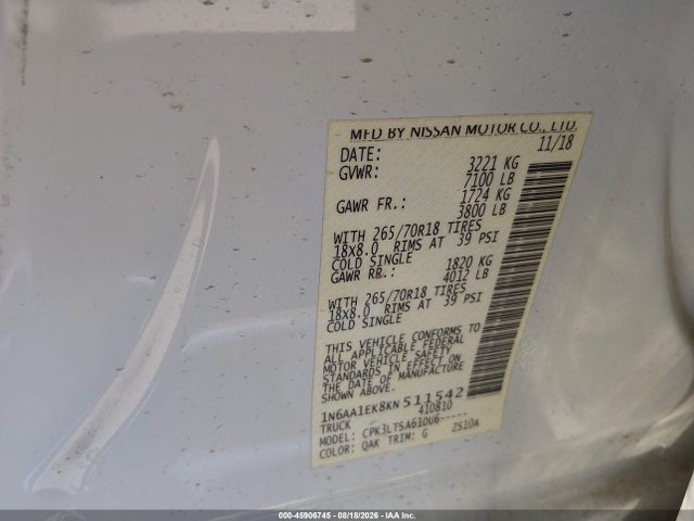 2019 Nissan Titan Sv მანქანა იყიდება აუქციონზე, vin: 1N6AA1EK8KN511542, აუქციონის ნომერი: 45906745