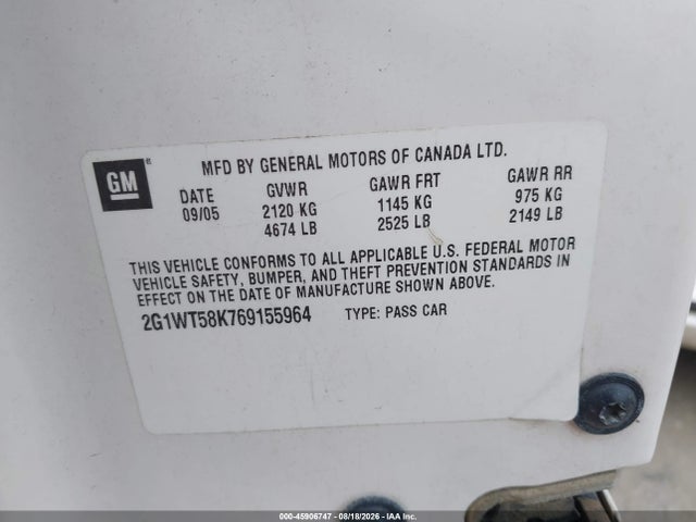45906747 :رقم المزاد ، 2G1WT58K769155964 vin ، 2006 Chevrolet Impala Lt مزاد بيع