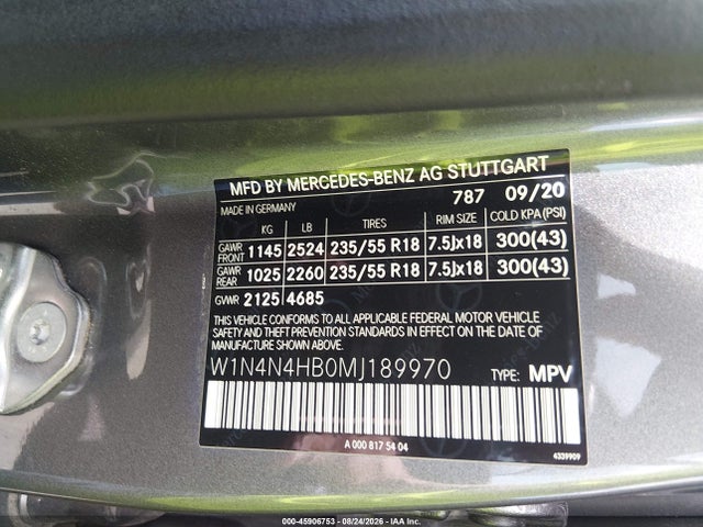 Aukcja sprzedaży 2021 Mercedes-benz Gla 250 4matic, vin: W1N4N4HB0MJ189970, numer aukcji: 45906753