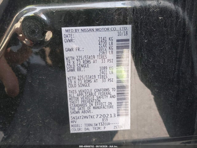 2019 Nissan Rogue Sl მანქანა იყიდება აუქციონზე, vin: 5N1AT2MV7KC720213, აუქციონის ნომერი: 45906752