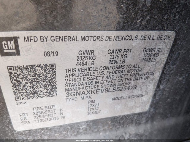 45906773 :رقم المزاد ، 3GNAXKEV8LS525473 vin ، 2020 Chevrolet Equinox Fwd Lt 1.5l Turbo مزاد بيع