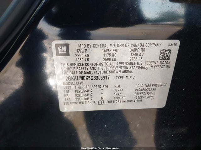 Aukcja sprzedaży 2016 Gmc Terrain Sle-1, vin: 2GKALMEK5G6305917, numer aukcji: 45906774