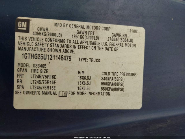 Aukcja sprzedaży 2003 Gmc Savana Standard, vin: 1GTHG35U131146479, numer aukcji: 45906786