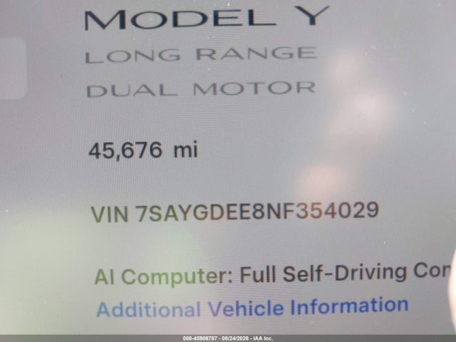 Продаж на аукціоні авто 2022 Tesla Model Y Long Range Dual Motor All-wheel Drive, vin: 7SAYGDEE8NF354029, номер лоту: 45906787