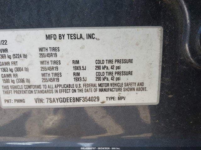 Продаж на аукціоні авто 2022 Tesla Model Y Long Range Dual Motor All-wheel Drive, vin: 7SAYGDEE8NF354029, номер лоту: 45906787