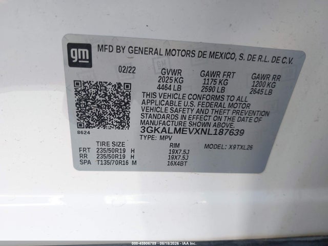 45906789 :رقم المزاد ، 3GKALMEVXNL187639 vin ، 2022 Gmc Terrain Fwd Sle مزاد بيع