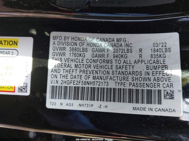 2022 Honda Civic Sport მანქანა იყიდება აუქციონზე, vin: 2HGFE2F58NH572173, აუქციონის ნომერი: 45906795