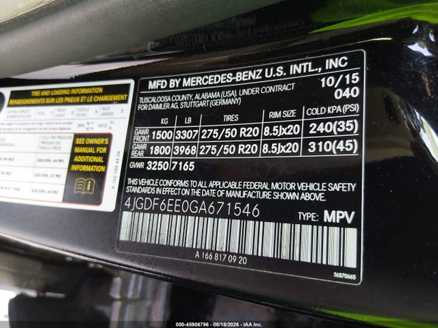 45906796 :رقم المزاد ، 4JGDF6EE0GA671546 vin ، 2016 Mercedes-benz Gl 450 4matic مزاد بيع
