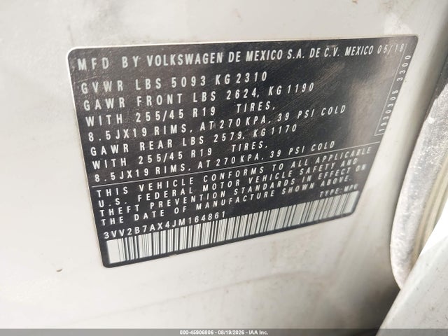 45906806 :رقم المزاد ، 3VV2B7AX4JM164861 vin ، 2018 Volkswagen Tiguan 2.0t Se/2.0t Sel مزاد بيع