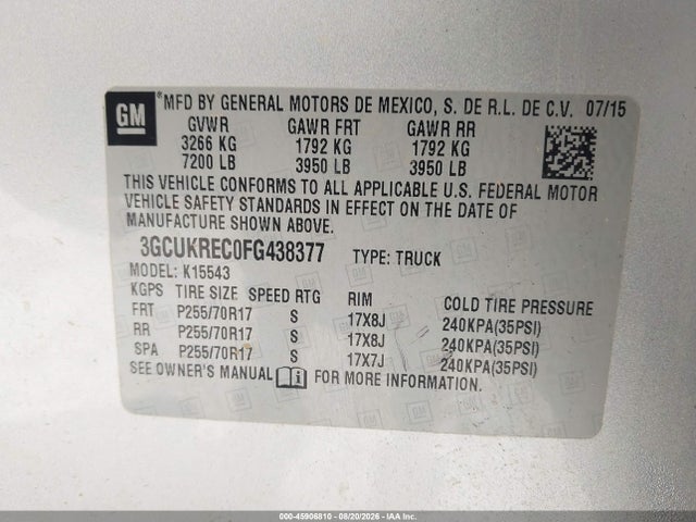 Aukcja sprzedaży 2015 Chevrolet Silverado 1500 Lt, vin: 3GCUKREC0FG438377, numer aukcji: 45906810