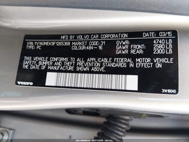 Aukcja sprzedaży 2015 Volvo V60 T5 Premier, vin: YV140MEK9F1265368, numer aukcji: 45906816