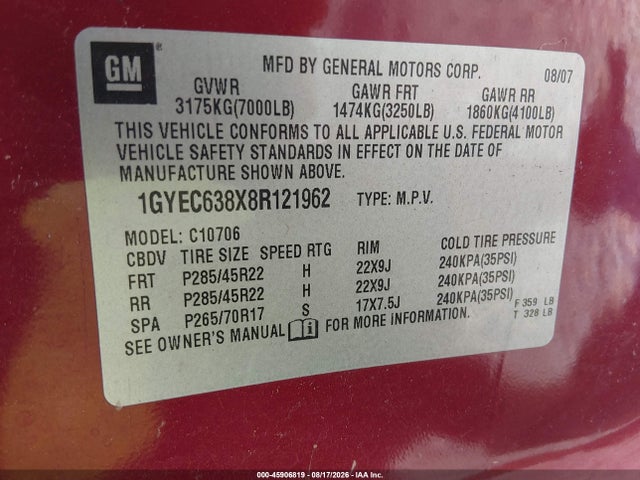 Продажа на аукционе авто 2008 Cadillac Escalade Standard, vin: 1GYEC638X8R121962, номер лота: 45906819