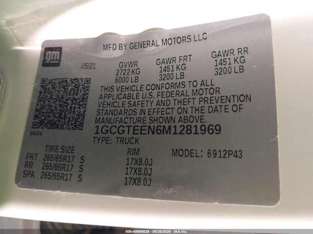 2021 Chevrolet Colorado 4wd  Short Box Zr2 მანქანა იყიდება აუქციონზე, vin: 1GCGTEEN6M1281969, აუქციონის ნომერი: 45906829