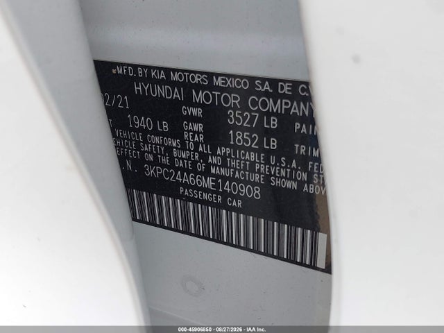 45906850 :رقم المزاد ، 3KPC24A66ME140908 vin ، 2021 Hyundai Accent Se مزاد بيع