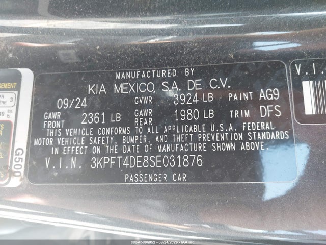 Aukcja sprzedaży 2025 Kia K4 Lxs, vin: 3KPFT4DE8SE031876, numer aukcji: 45906852