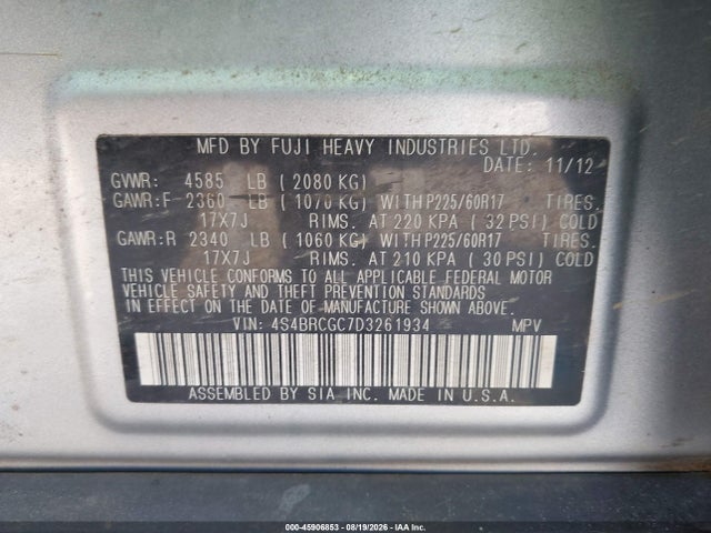 45906853 :رقم المزاد ، 4S4BRCGC7D3261934 vin ، 2013 Subaru Outback 2.5i Premium مزاد بيع
