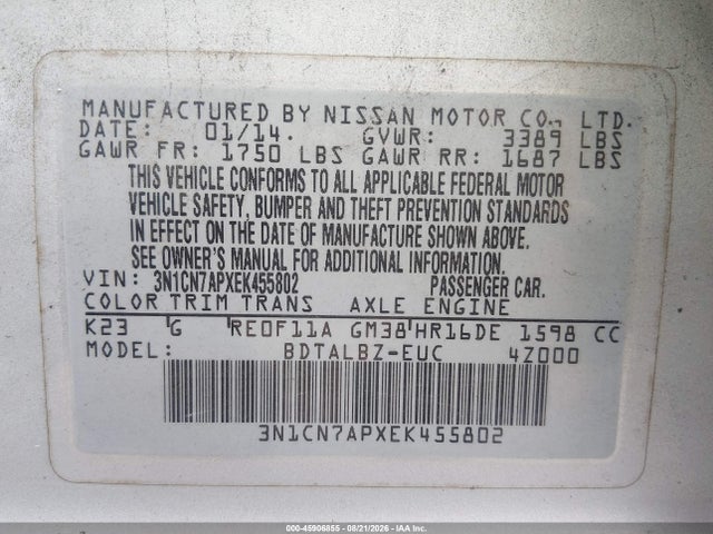 Продажа на аукционе авто 2014 Nissan Versa 1.6 Sv, vin: 3N1CN7APXEK455802, номер лота: 45906855