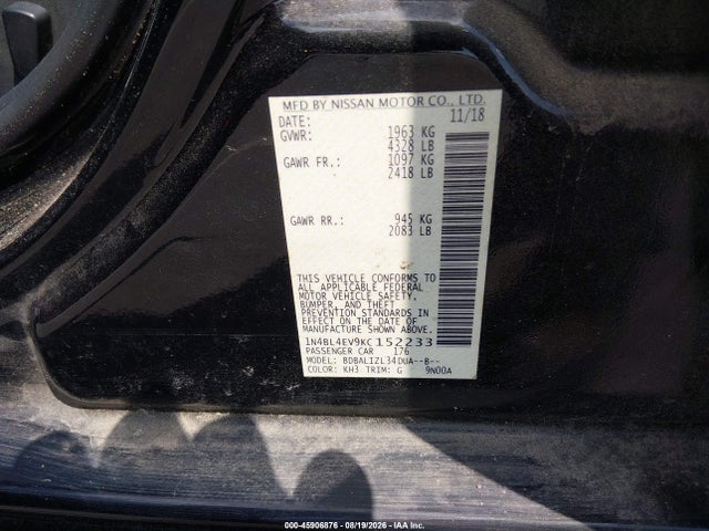 Aukcja sprzedaży 2019 Nissan Altima 2.5 Sl, vin: 1N4BL4EV9KC152233, numer aukcji: 45906876