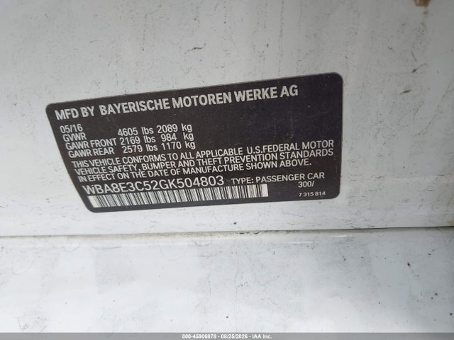 Aukcja sprzedaży 2016 Bmw 328i Xdrive, vin: WBA8E3C52GK504803, numer aukcji: 45906878