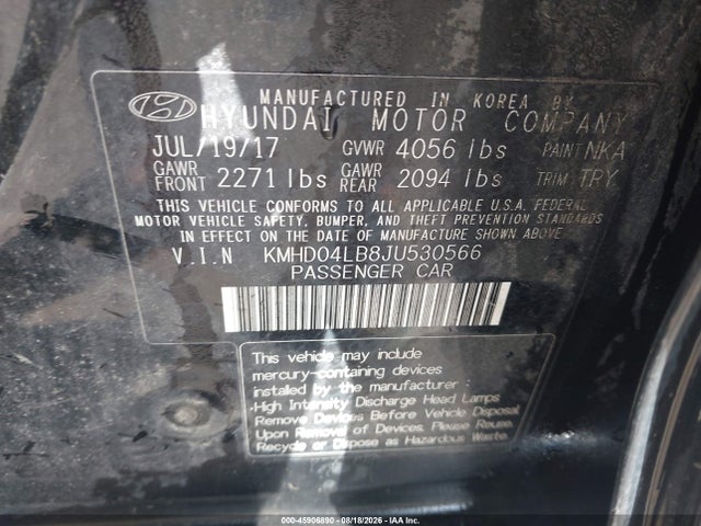 Aukcja sprzedaży 2018 Hyundai Elantra Sport, vin: KMHD04LB8JU530566, numer aukcji: 45906890
