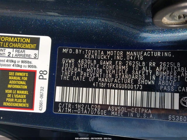 2016 Toyota Camry Xse მანქანა იყიდება აუქციონზე, vin: 4T1BF1FKXGU600173, აუქციონის ნომერი: 45906892