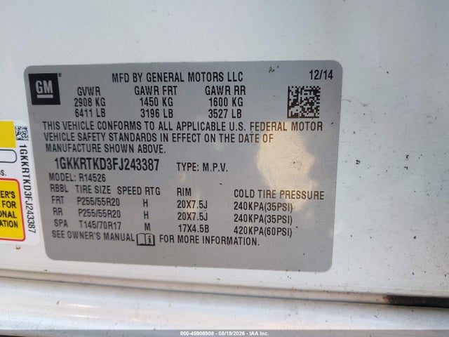 Продаж на аукціоні авто 2015 Gmc Acadia Denali, vin: 1GKKRTKD3FJ243387, номер лоту: 45906908