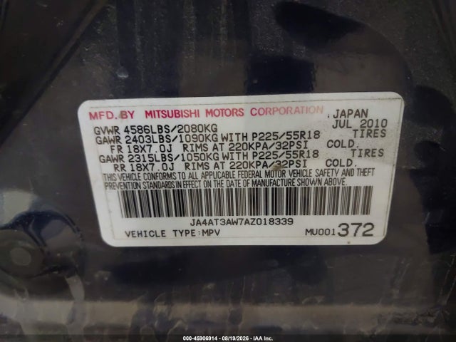 Aukcja sprzedaży 2010 Mitsubishi Outlander Se, vin: JA4AT3AW7AZ018339, numer aukcji: 45906914