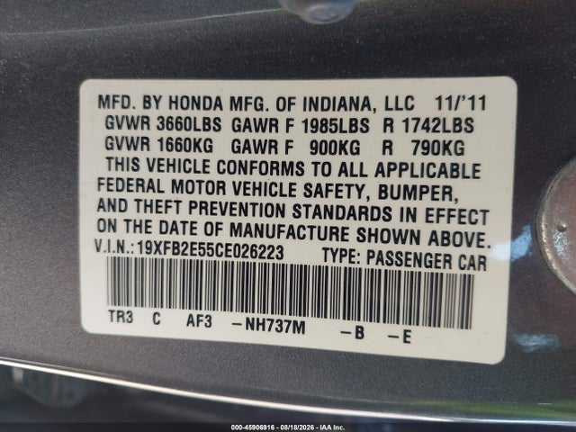 2012 Honda Civic Lx მანქანა იყიდება აუქციონზე, vin: 19XFB2E55CE026223, აუქციონის ნომერი: 45906916