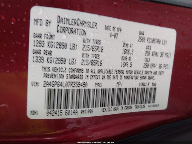 Aukcja sprzedaży 2007 Chrysler Town & Country Limited, vin: 2A4GP64L07R359490, numer aukcji: 45906918