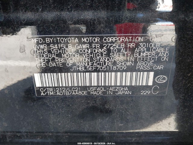 Продажа на аукционе авто 2013 Lexus Ls 460, vin: JTHBL5EF7D5118709, номер лота: 45906919