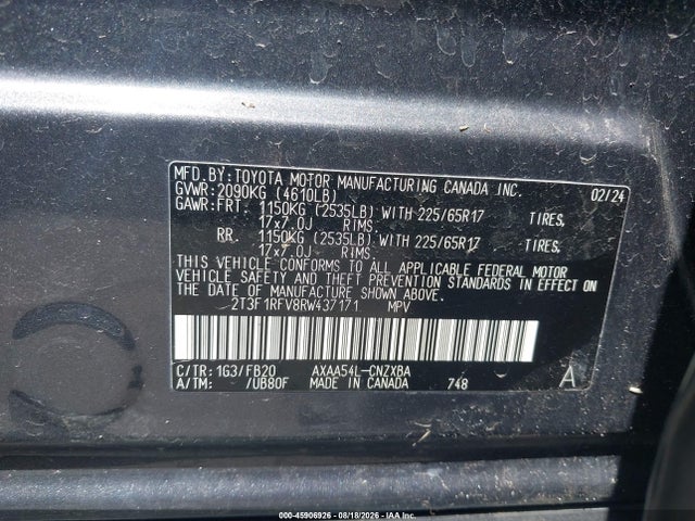 2024 Toyota Rav4 Le მანქანა იყიდება აუქციონზე, vin: 2T3F1RFV8RW437171, აუქციონის ნომერი: 45906926