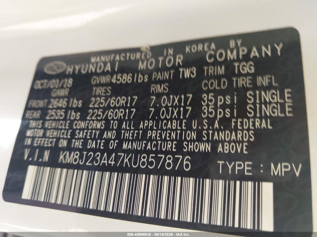 2019 Hyundai Tucson Se მანქანა იყიდება აუქციონზე, vin: KM8J23A47KU857876, აუქციონის ნომერი: 45906930