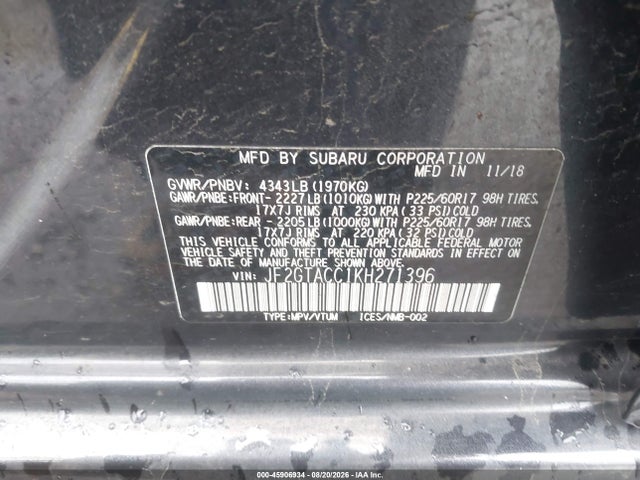 2019 Subaru Crosstrek 2.0i Premium მანქანა იყიდება აუქციონზე, vin: JF2GTACC1KH271396, აუქციონის ნომერი: 45906934