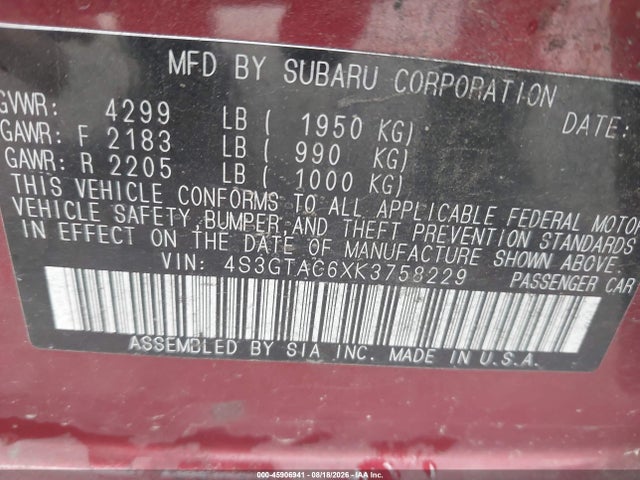 45906941 :رقم المزاد ، 4S3GTAC6XK3758229 vin ، 2019 Subaru Impreza 2.0i Premium مزاد بيع
