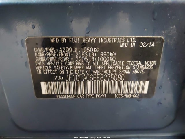 45906945 :رقم المزاد ، JF1GPAC66E8275080 vin ، 2014 Subaru Impreza 2.0i Premium مزاد بيع