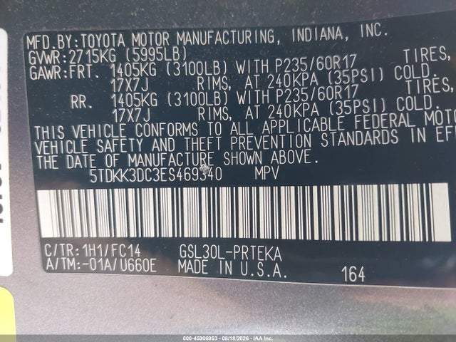 2014 Toyota Sienna Le V6 8 Passenger მანქანა იყიდება აუქციონზე, vin: 5TDKK3DC3ES469340, აუქციონის ნომერი: 45906953